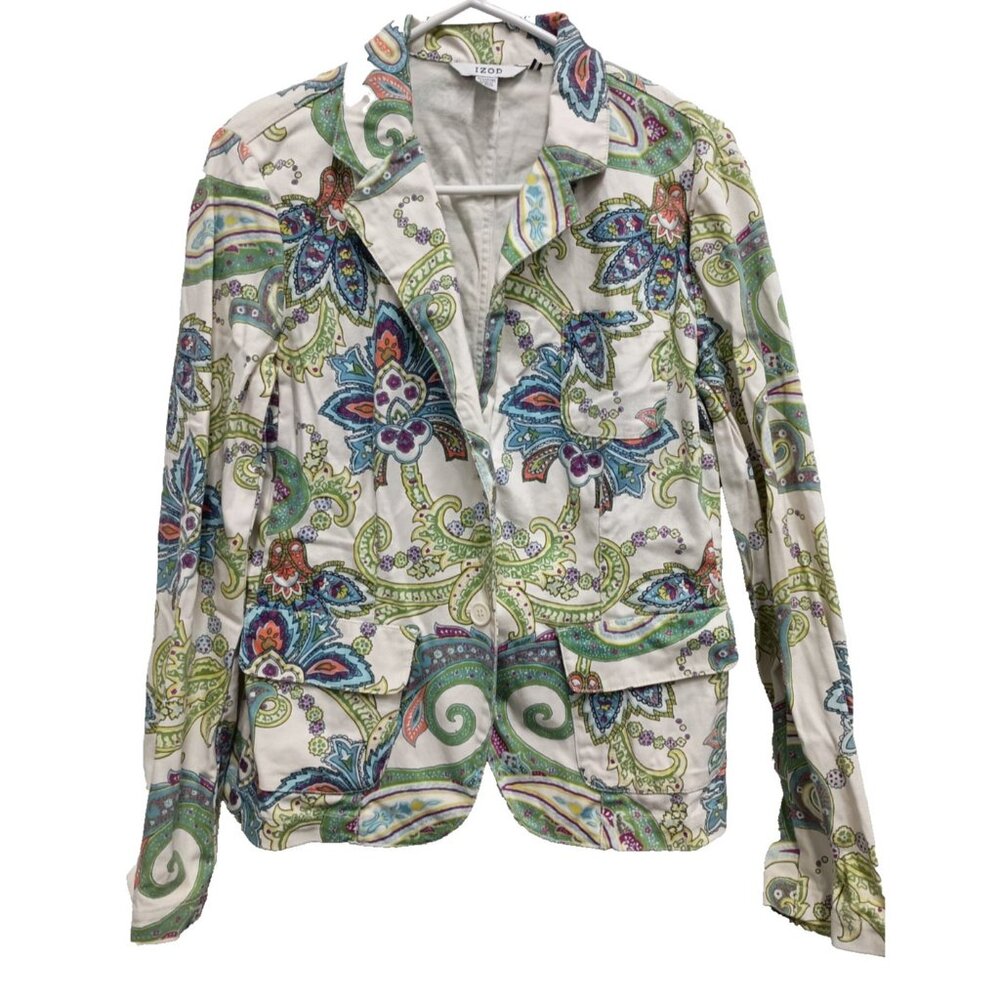 Vintage IZOD Womens Blazer Jacket‎ Medium Multi Denim Paisley BOHO Cottagecore